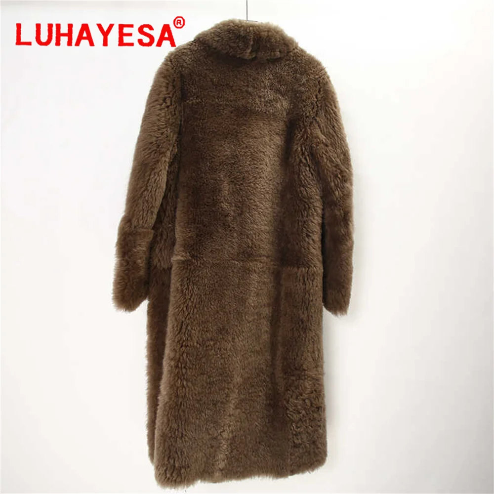 2024 Mosna Lamb Fur Shearling Clothes Women Long Brown Winter Real Fur Overcoat