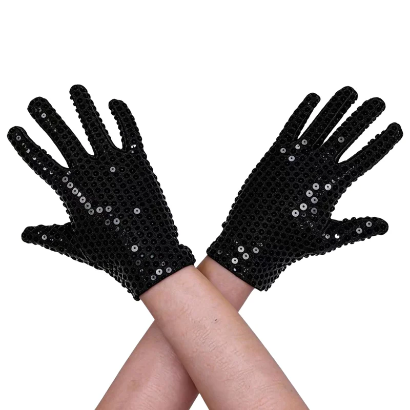 Sequin Gloves Women Men Sparkly Sliver Full Finger Short Gloves 80s Disco Dance Party Halloween Cosplay Costume Accessory