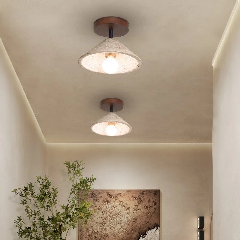 Wood Canopy LED Ceiling Lamp Yellow Travertine Home Interior Living Room Corridor Wabi Sabi Ceiling Light