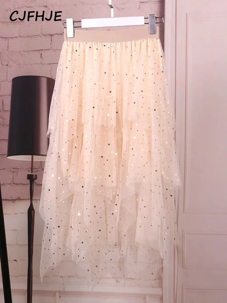 Fashion Shiny Stars Sequins Irregular Tulle Skirts Women Spring Chic Fairy Sweet Cake Mesh Skirt Female Elegant Lady Faldas