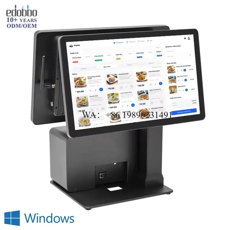 15.6 Inch All-in-One Dual Screen POS PC Touchscreen Station with Removable Cash Printer and Scanner Till Payment System