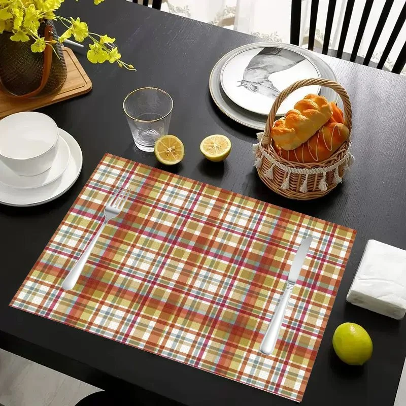 VIKAMA Christmas Placemat Orange Cream Light Blue Plaid, Waterproof Oil-Proof Heat-Resistant Dining Table Mat for Holiday