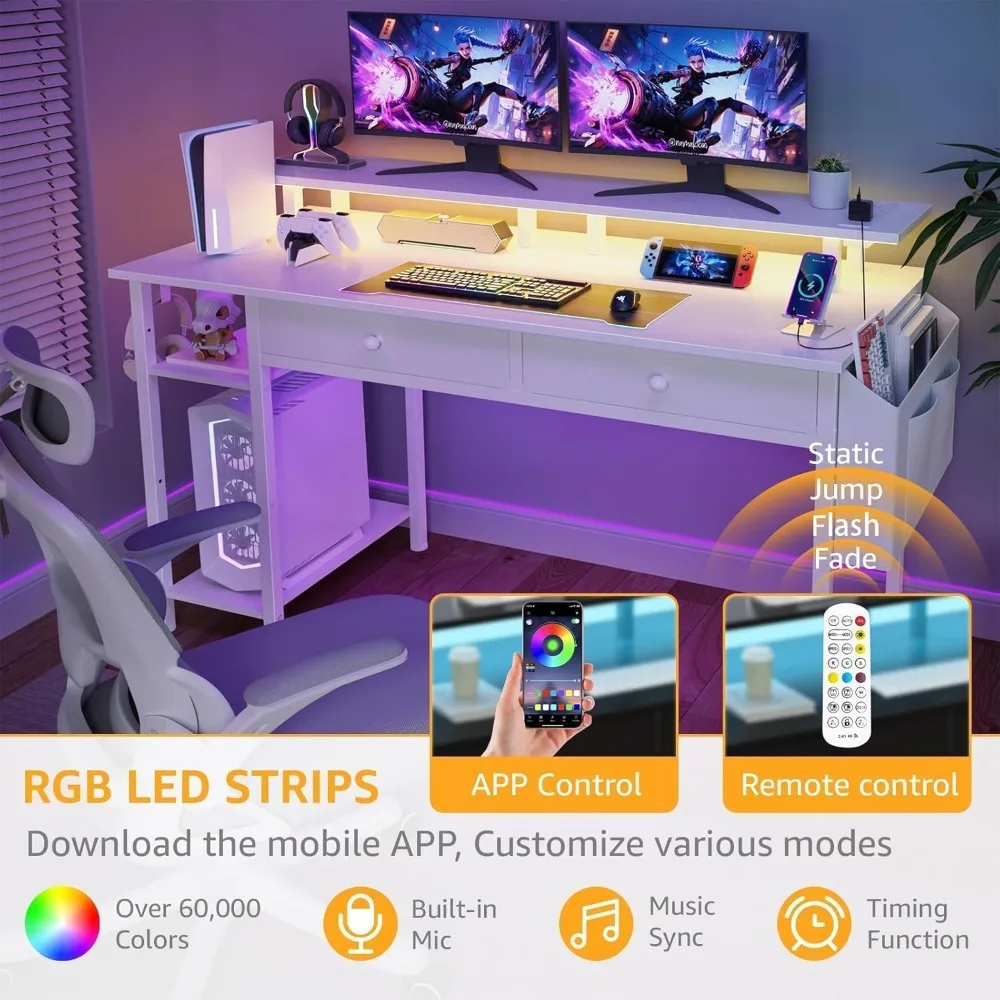 Meja Komputer Putih dengan Rak dan Laci - Meja Kantor Rumah 47 Inci dengan Laci dan Rak, Meja Putih Kecil dengan Rak,