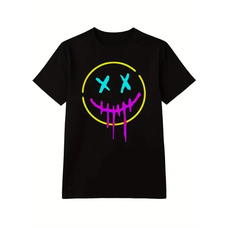 

Unisex Neon Smiley Face T-Shirt Cyberpunk Dripping Graphic Tee Streetwear Rave Aesthetic Trippy Art Print Loose Casual Top