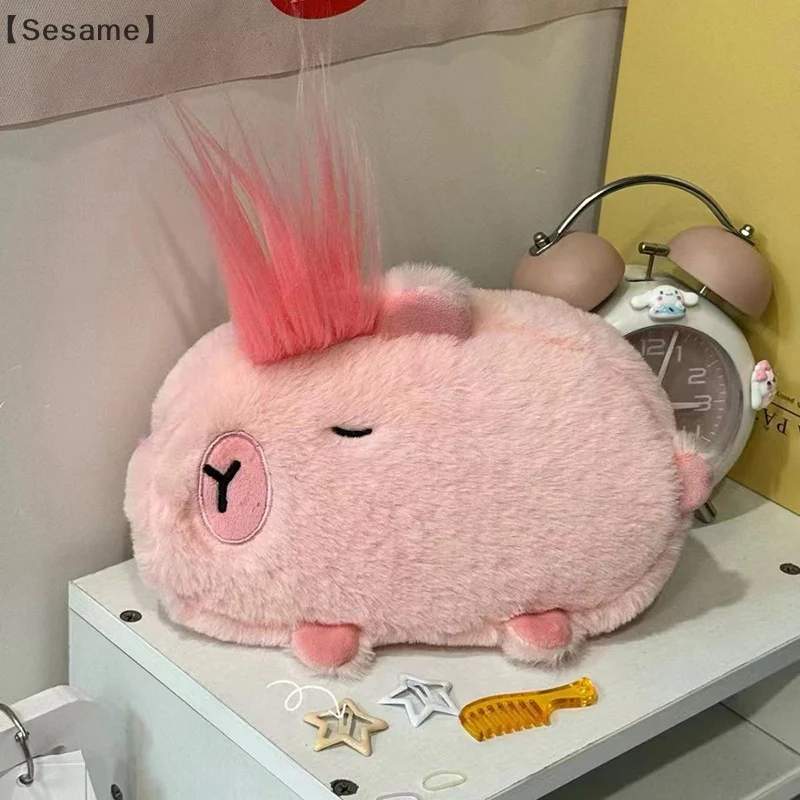 Kawaii Cartoon Creative Pencil Bag Student Capybara Plush Stationery Storage Bag Large Capacity Learning Stationery Supplies