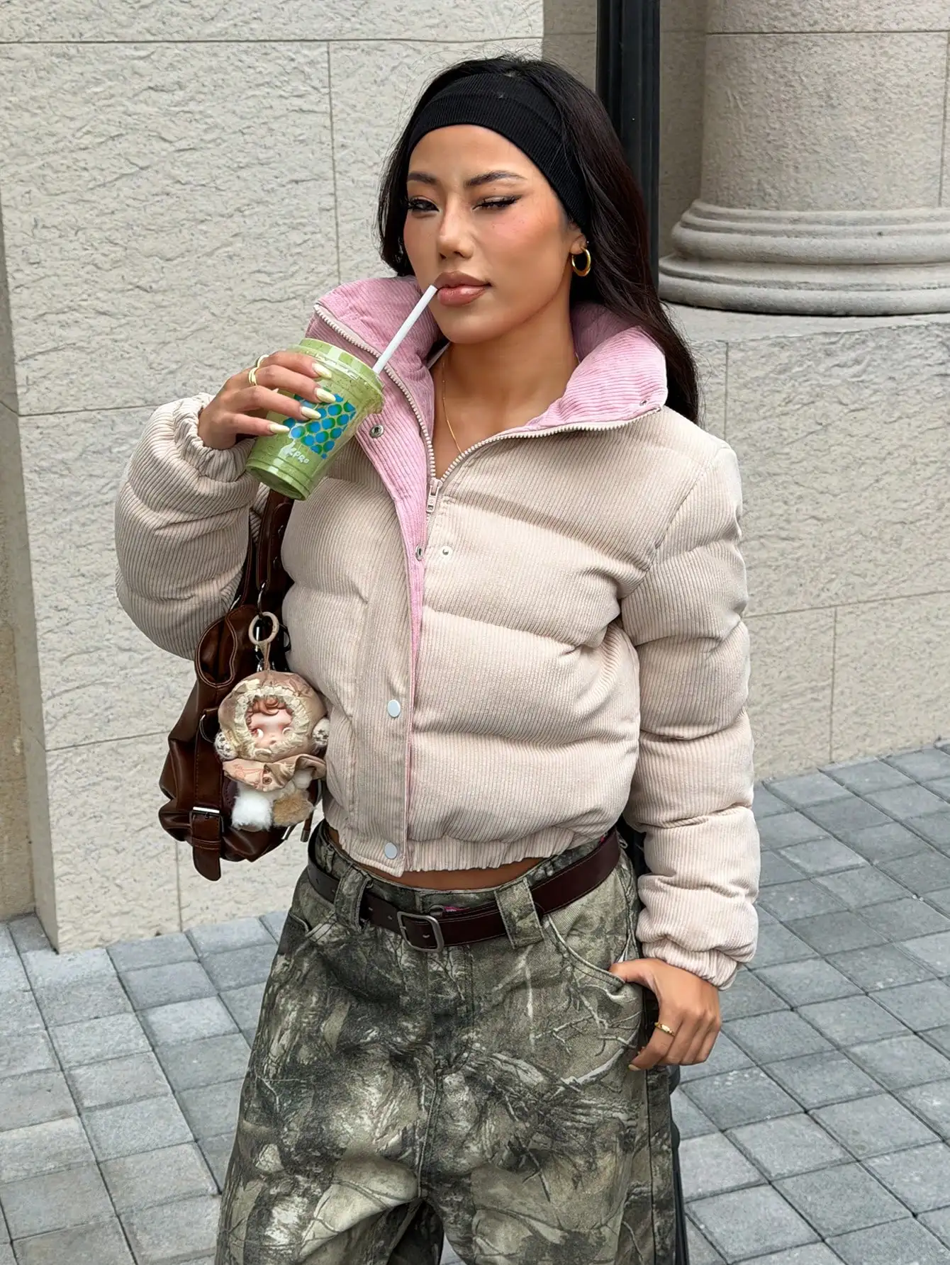 

Women's Corduroy Padded Crop Jacket with Zip Up & Snap Buttons, Pink Lining, Autumn Winter Outerwear