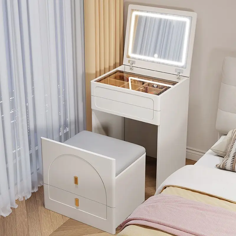 Cômoda 3 em 1 com espelho dobrável e luz, conjunto de cômoda pequena com tampo de vidro visível, 3 gavetas, banco de armazenamento, 3 cores I
