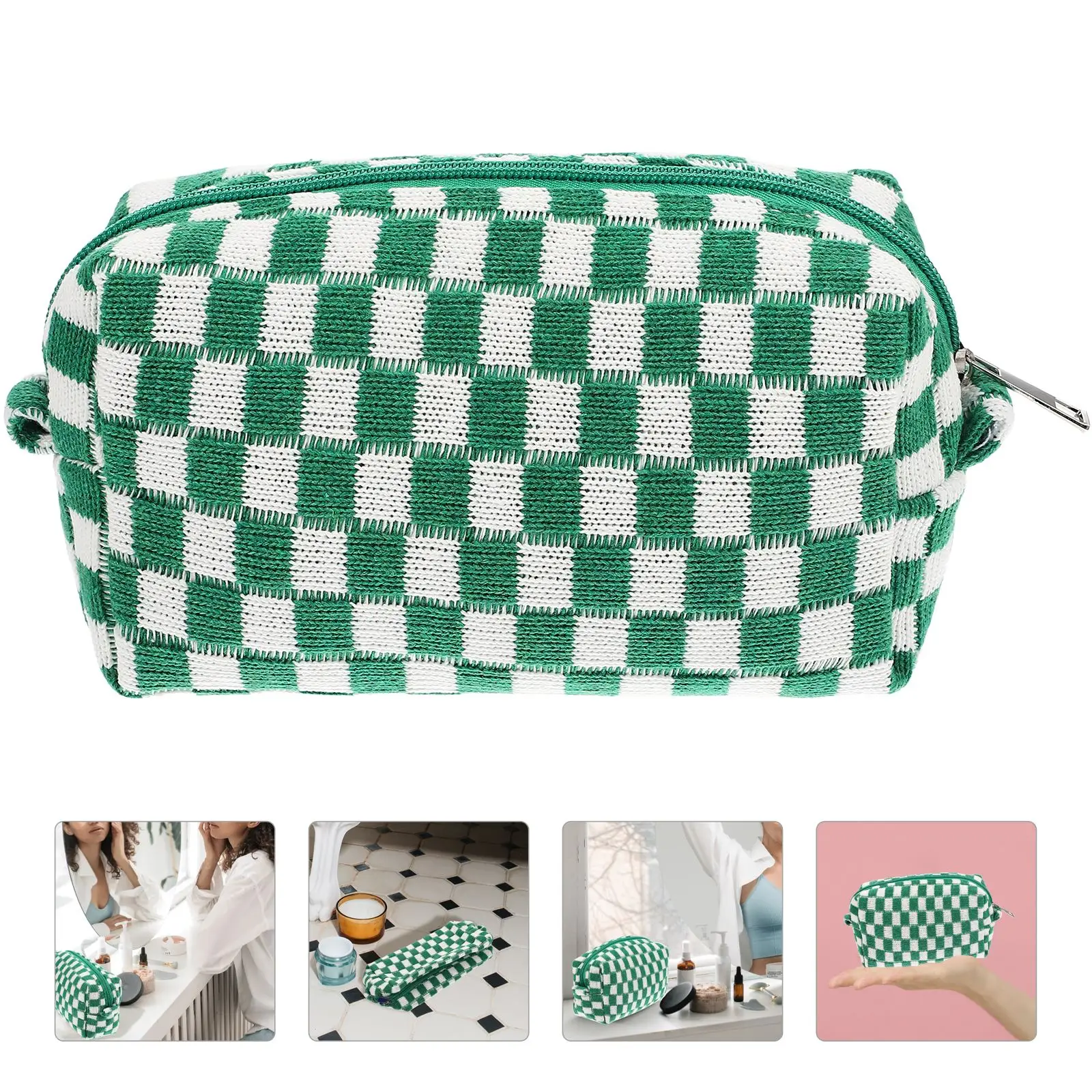 Checkered Quilting Woolen Yarn Makeup Bag Women Zipper Organizer Female Cloth Handbag Portable Toiletry Case for Girls