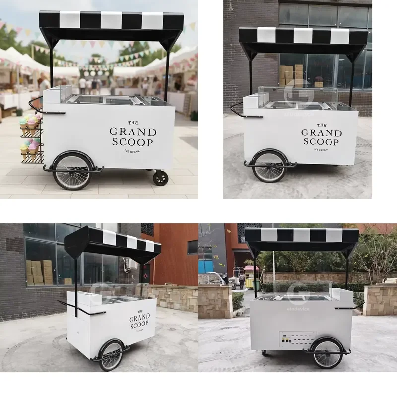 Mobile Coffee Ice Cream Hand Push Cart Refrigerator Sink Food Bike Cart with Color Customized Awning
