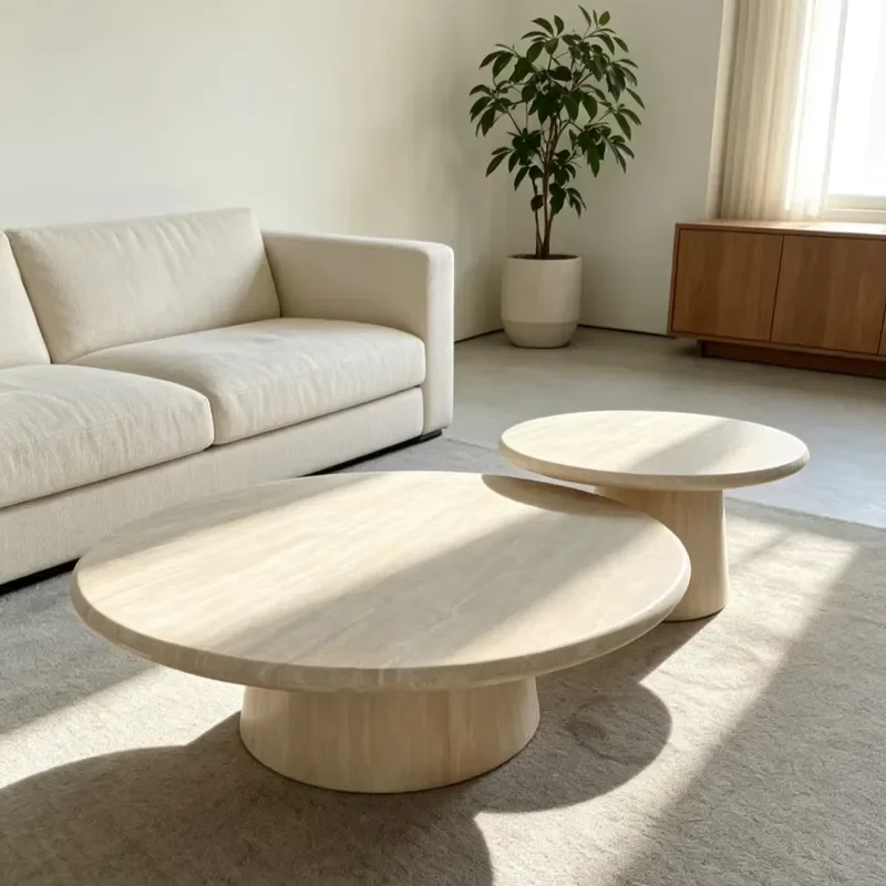 Wholesale Beige Limestone Round Coffee Table and Side Table Set for Living Room Family Villa Project Available in Various