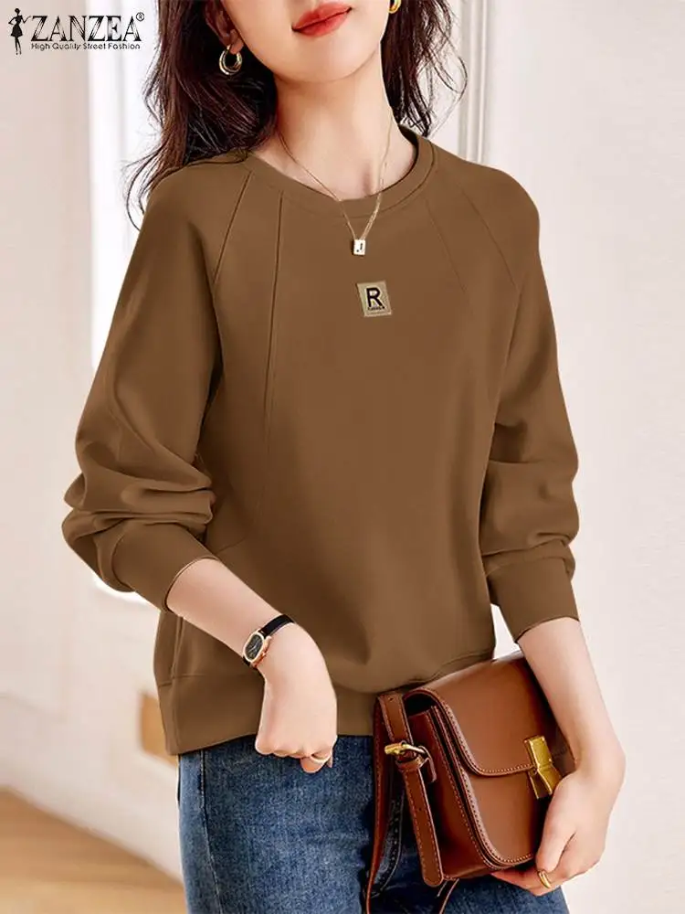 ZANZEA Female OL Shirt Vintage Sweatshirts Women O Neck Casual Long Sleeve Blusas  Autumn Hoodies Elegant Work Tops Oversize