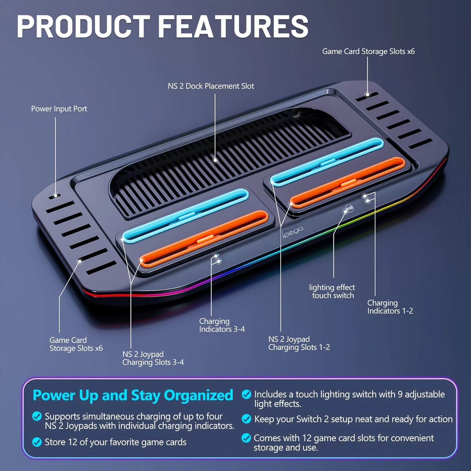 For Nintendo Switch 2 Charging Dock with 12 Game Card Storage, 9 RGB Light Modes Plug-in JoyCons Control Charger Station