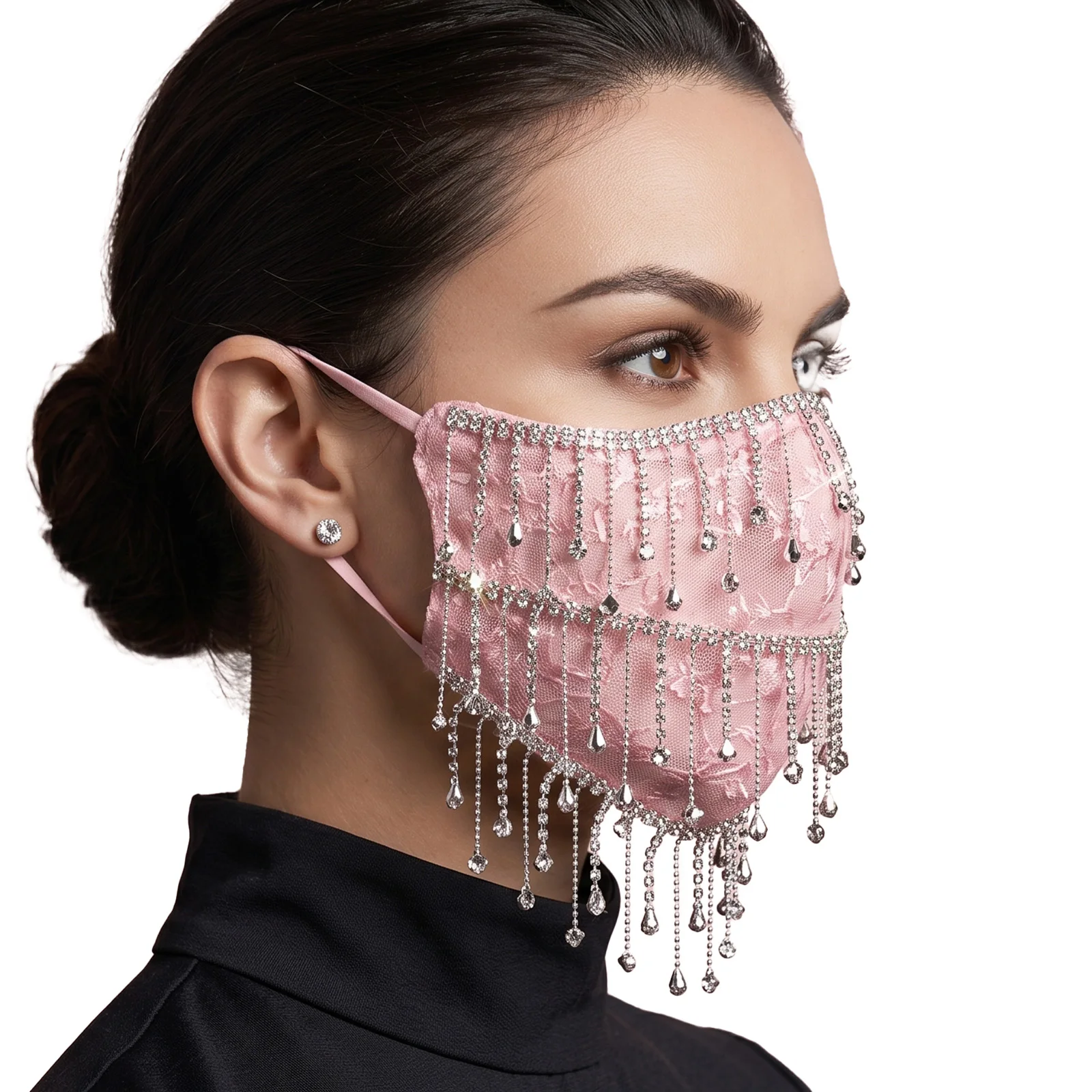 Rhinestone Tassels Veil Breathable Mesh Face Mask Costume Accessory for Dance Party Performance Daily Life