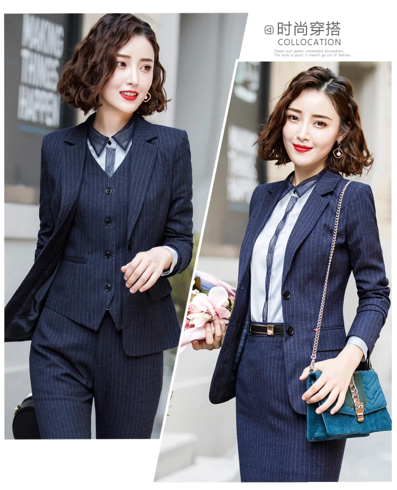 Women 3 Pieces Pants Sets  Stripe Vest Blazer Jacket Pant Suit Office Lady Formal Business Work Career Wear Clothes BlueS-5XL