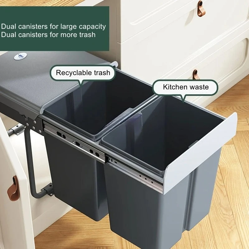 Hidden Cleaning Bin, Dry and Wet Cabinet Interior Kitchen Double Bucket with Lid Pull-out Basket, Kitchen Embedded Garbage Bin