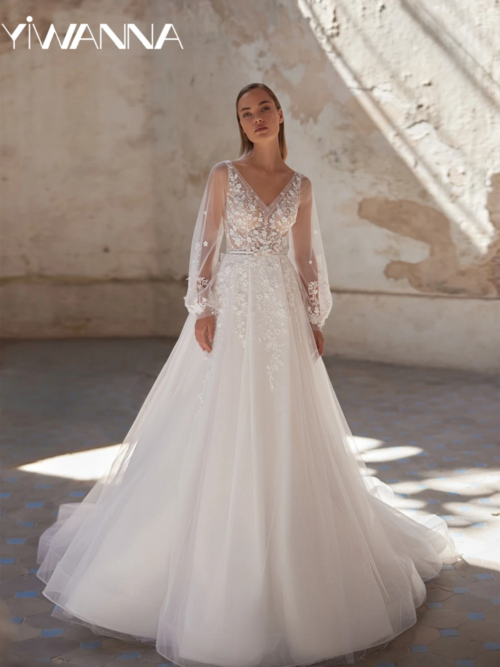 

2025 New Glitter A-line Long Wedding Dress Exquisite Lace Appliques Bridal Gown Customized Dreamy V-neck Dresses For Bride