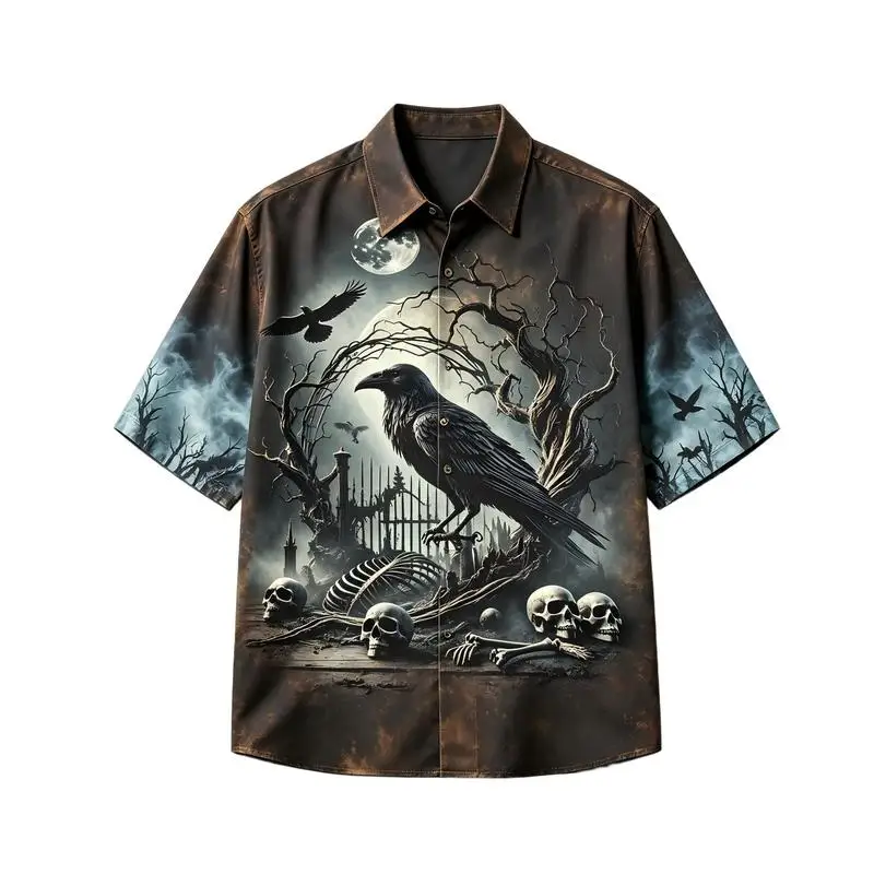 Men's 3D Raven Skull Print Short Sleeve Button Up Shirt Gothic Moon Graveyard Skeleton Hawaiian Shirt Halloween Streetwear Tops