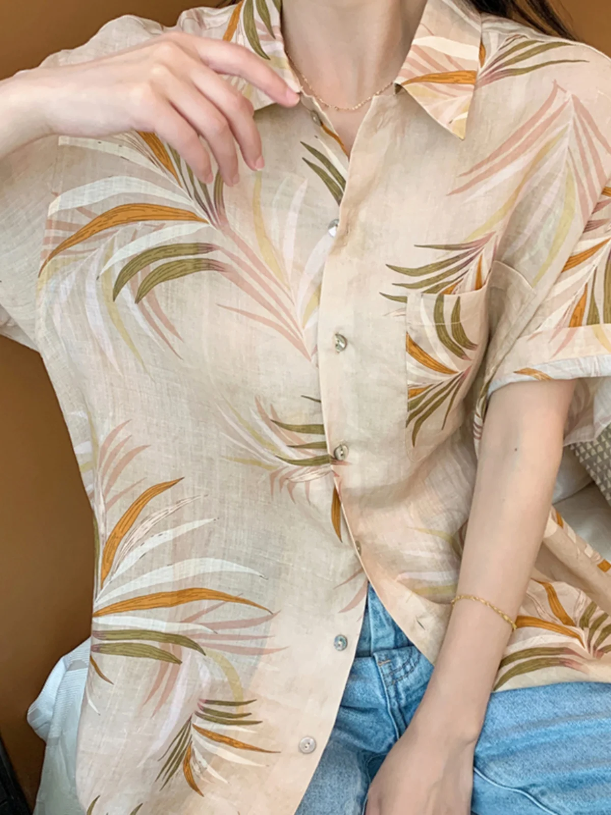 

Французская свободная льняная рубашка с коротким рукавом, легкая, удобная, дышащая, с принтом, для женщин, летняя мода