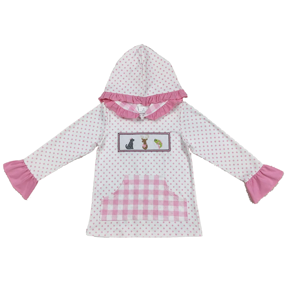 

Топы с длинными рукавами для маленьких девочек, толстовки с карманами в горошек и вышивкой для собак, олень, рыба, топ для маленьких девочек