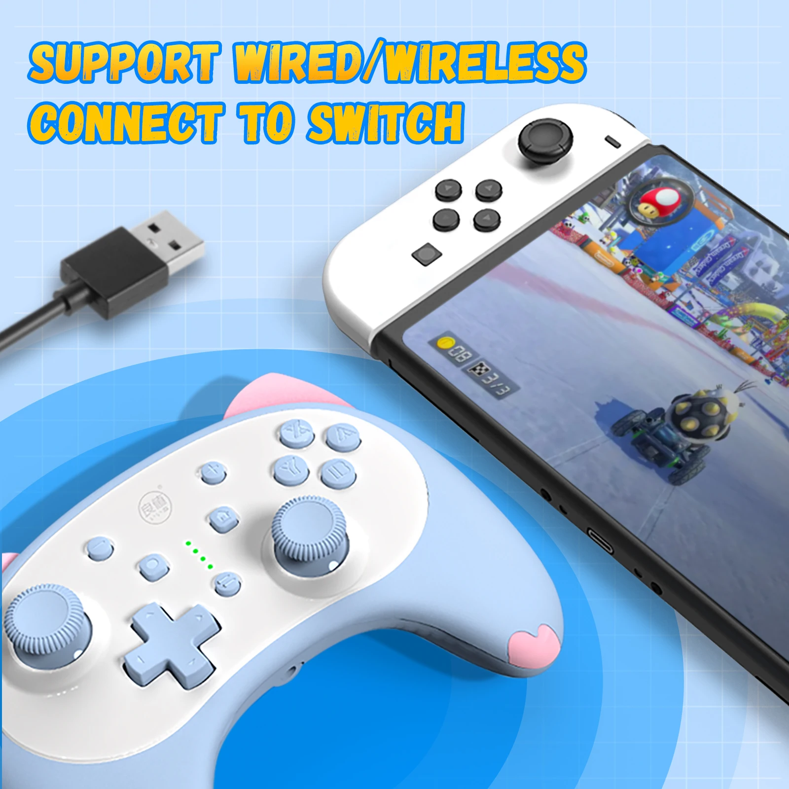 IINE Cartoon Kitten Wake Up Voice Wireless Controller Headset Support Compatible Nintendo Switch/Switch lite/Switch OLED