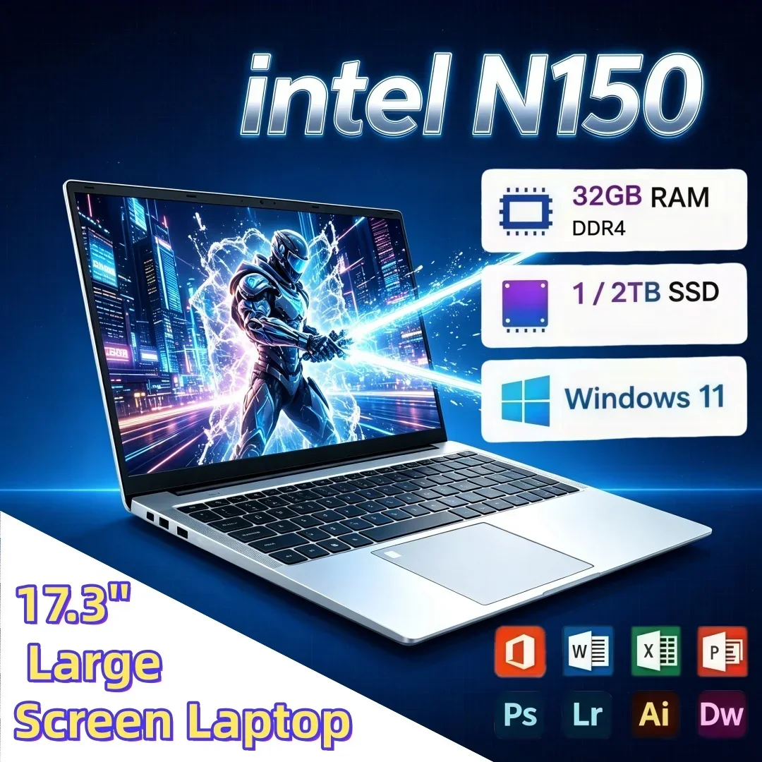 High Performance 17.3 Inch Portable Laptop Intel Core N150 Bright Large Screen 16GB/32GB RAM 1TB/2TB BIG SSD Windows11