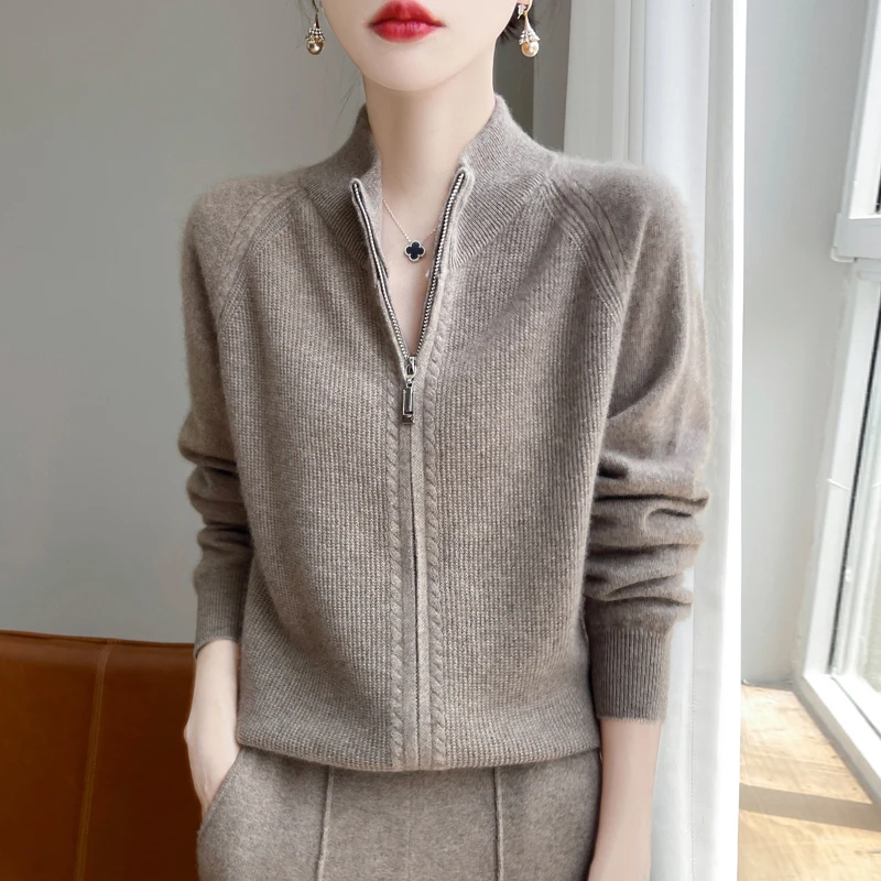 Autumn and winter new 100% pure wool cardigan women\'s semi-high collar thickened loose fashion solid color coat cashmere sweater