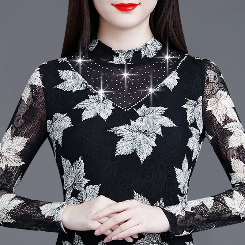 Women Autumn and Winter New Half High Collar Lace Mesh Print Large Size T-shirt Long Sleeved Bottom Shirt Female Tops