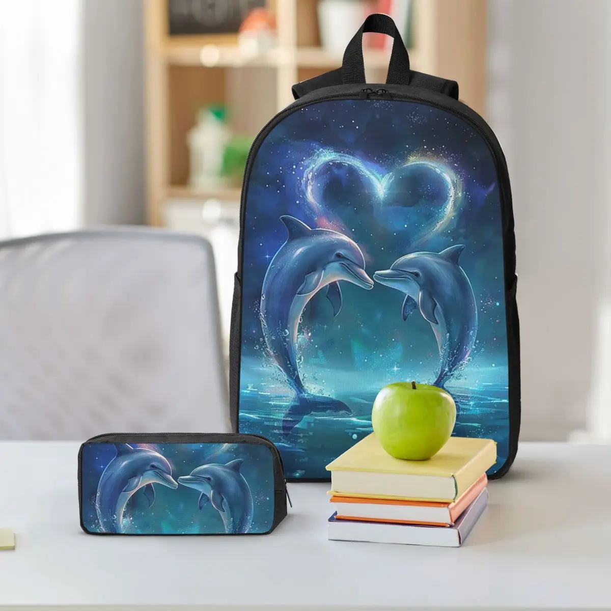 Two Charming Dolphin In Sea Backpack Student BookBag School Bag Shoulder Bags 3ps Insulated Lunch Bag Pencil Case