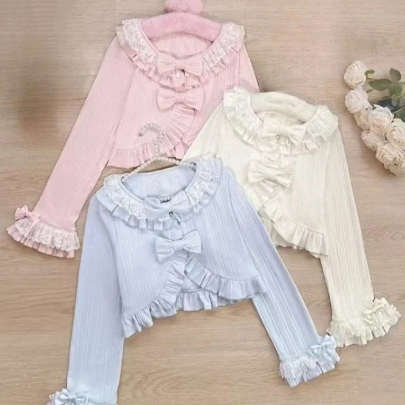 

Японский женский вязаный кардиган с милым бантом, солнцезащитный кружевной лоскутный укороченный топ в стиле Лолиты Y2k, эстетическое пальто в стиле гранж с расклешенными рукавами