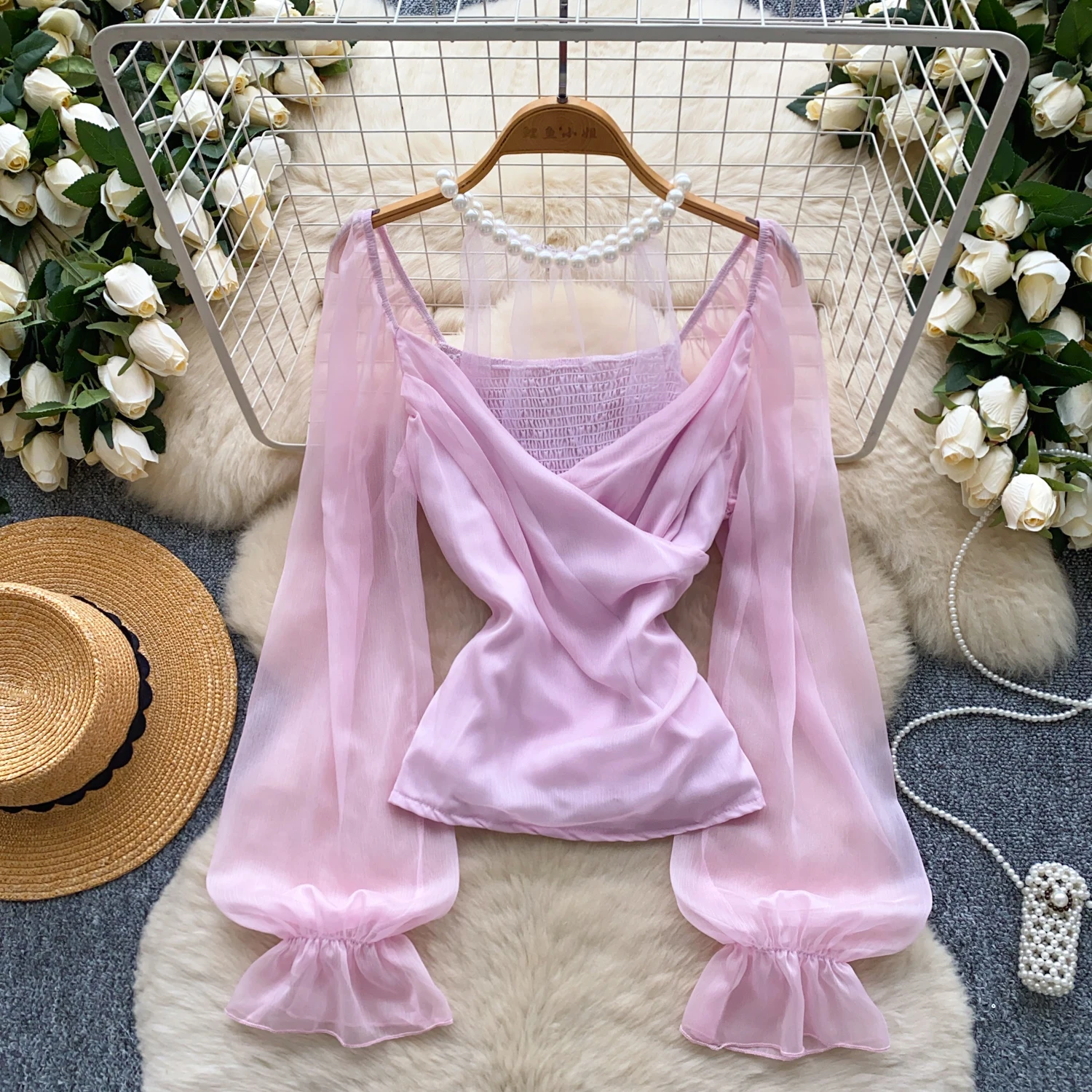 

Women Chic Criss-Cross mesh Beading Slim Sexy Korean T-shirt Fashion Summer Women Shirt