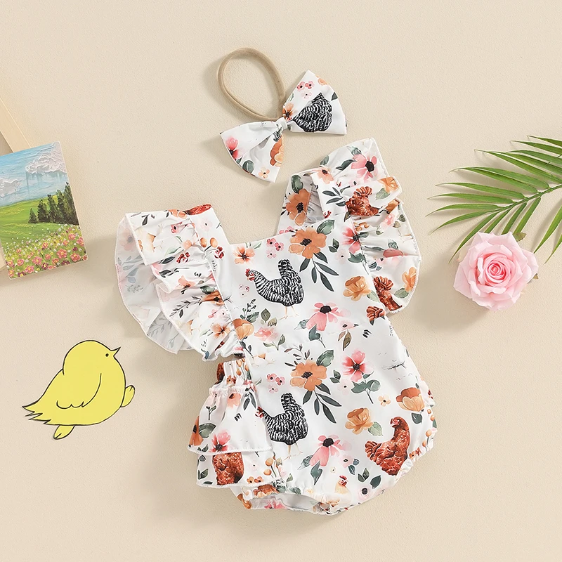 

Western Baby Girl Summer Clothes Cow Print Ruffled Sleeveless Romper Jumpsuit Bodysuit with Headband Outfit