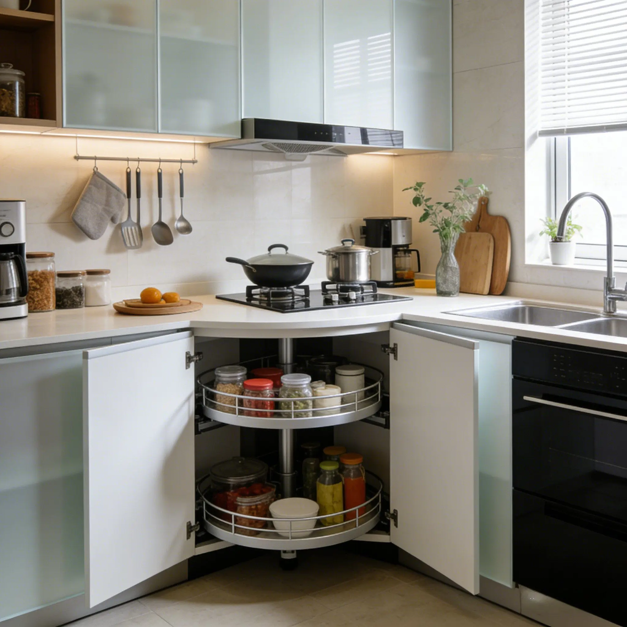 

Современный минималистичный кухонный гарнитур из белого и матового стекла с угловым органайзером Lazy Susan и встроенной вытяжкой