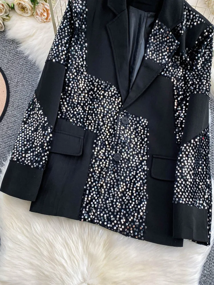 Giacca da donna casual con colletto rovesciato, vestibilità ampia, con paillettes, giacca monopetto a maniche lunghe, cappotto invernale da donna alla moda