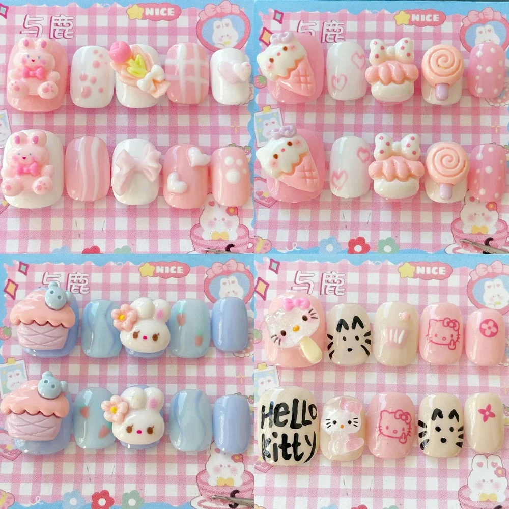 

10Pcs Hot Sale 3D Short Handmade Reusable Press On Nails Sweet Lovely Cartoon Anime Hello Kitty Cute Rabbit Character Fake Nail