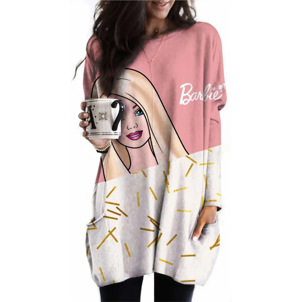 Dames Pullover Barbie Prinses Print Kleur Geblokkeerd T-Shirt Top Met Lange Mouwen, Modieus En Eenvoudig Dames Zak T-Shirt