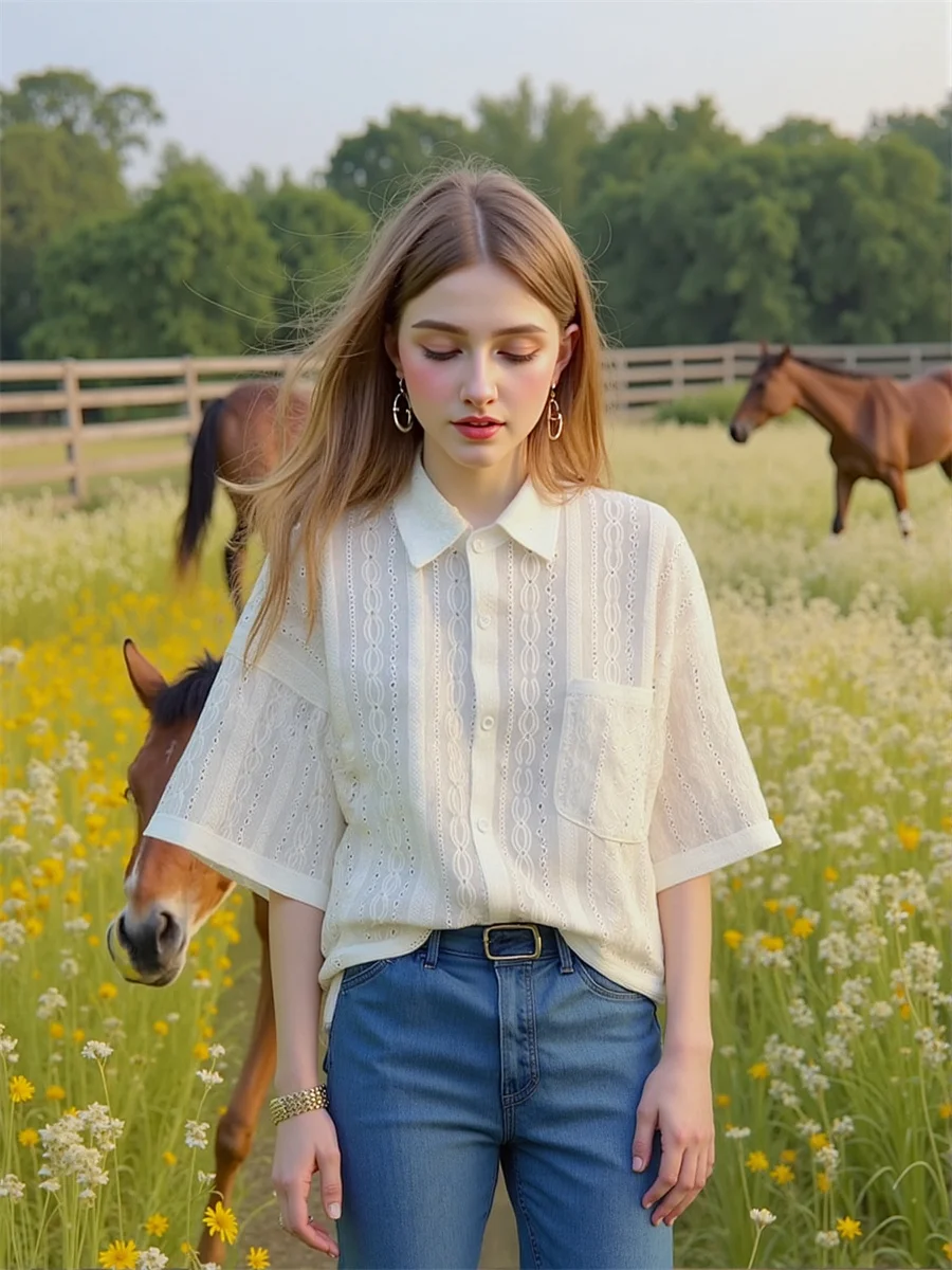 반팔 플러스 사이즈 여성 셔츠 클래식 스타일 의류 여성용 물방울 무늬 프린트 앞단추 달콤한 프레피 스타일