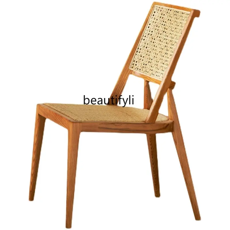 

yj Nordic Solid Wood Rattan Chair Quiet Style B & B Retro Casual Iron Chair