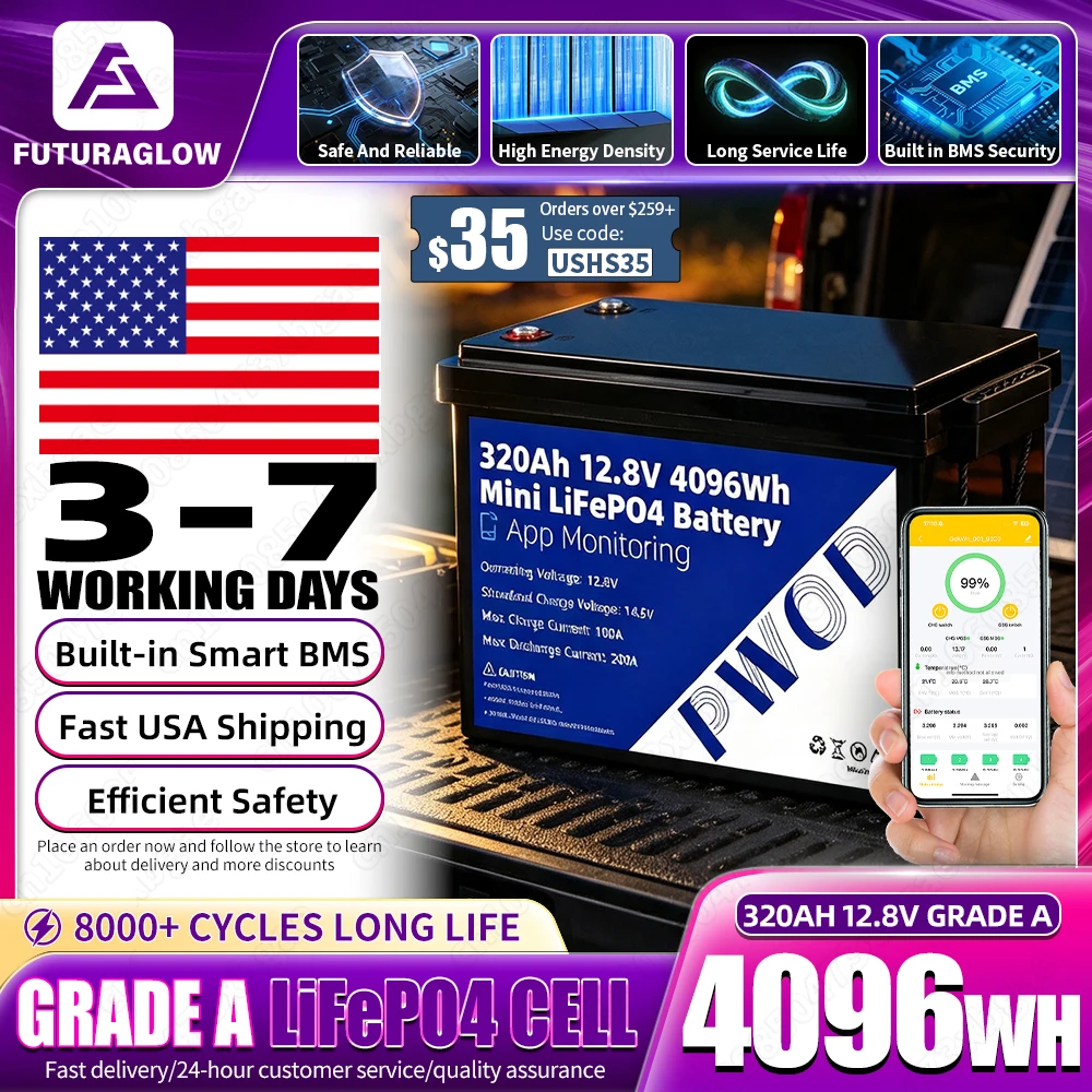 Grade A 12V 320Ah Lifepo4 Battery Pack Support APP Monitoring 12.8V Lithium Iron Phosphate Rechargeable Cells DIY 24V 320AH For Home Energy Storage System Campsite Power Supply equipment US Stock