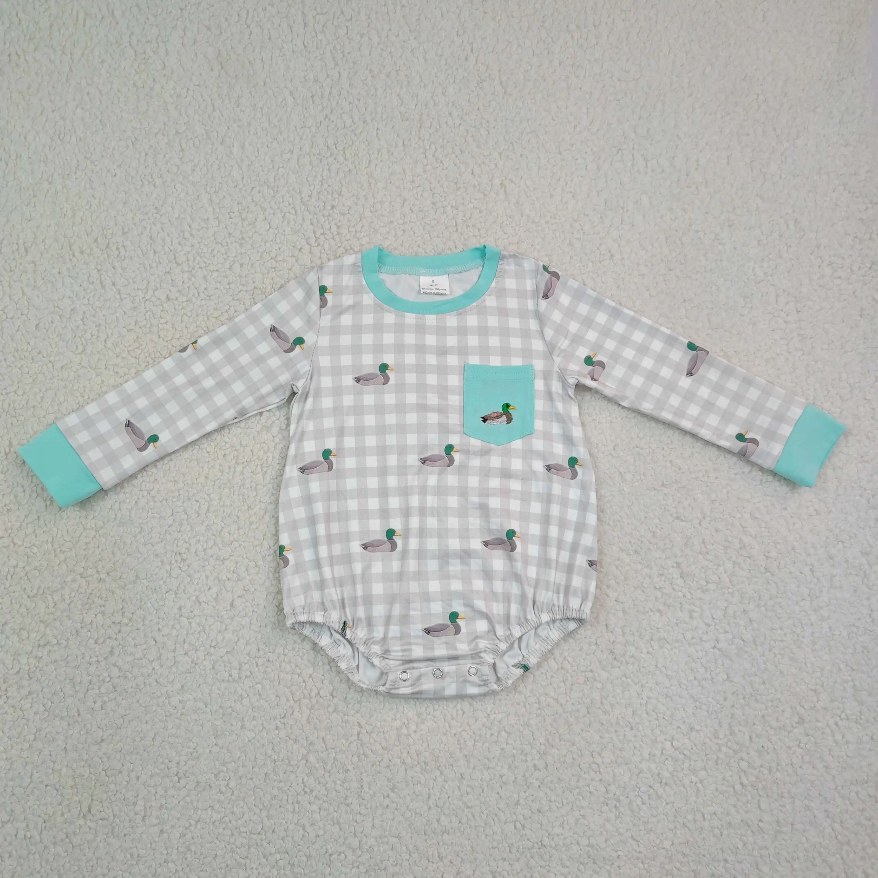 Wholesale Baby Boy Children Embroidery Toddler Ducks Plaid Bubble Pocket Romper Kids Infant Newborn Coverall Bodysuit Clothes