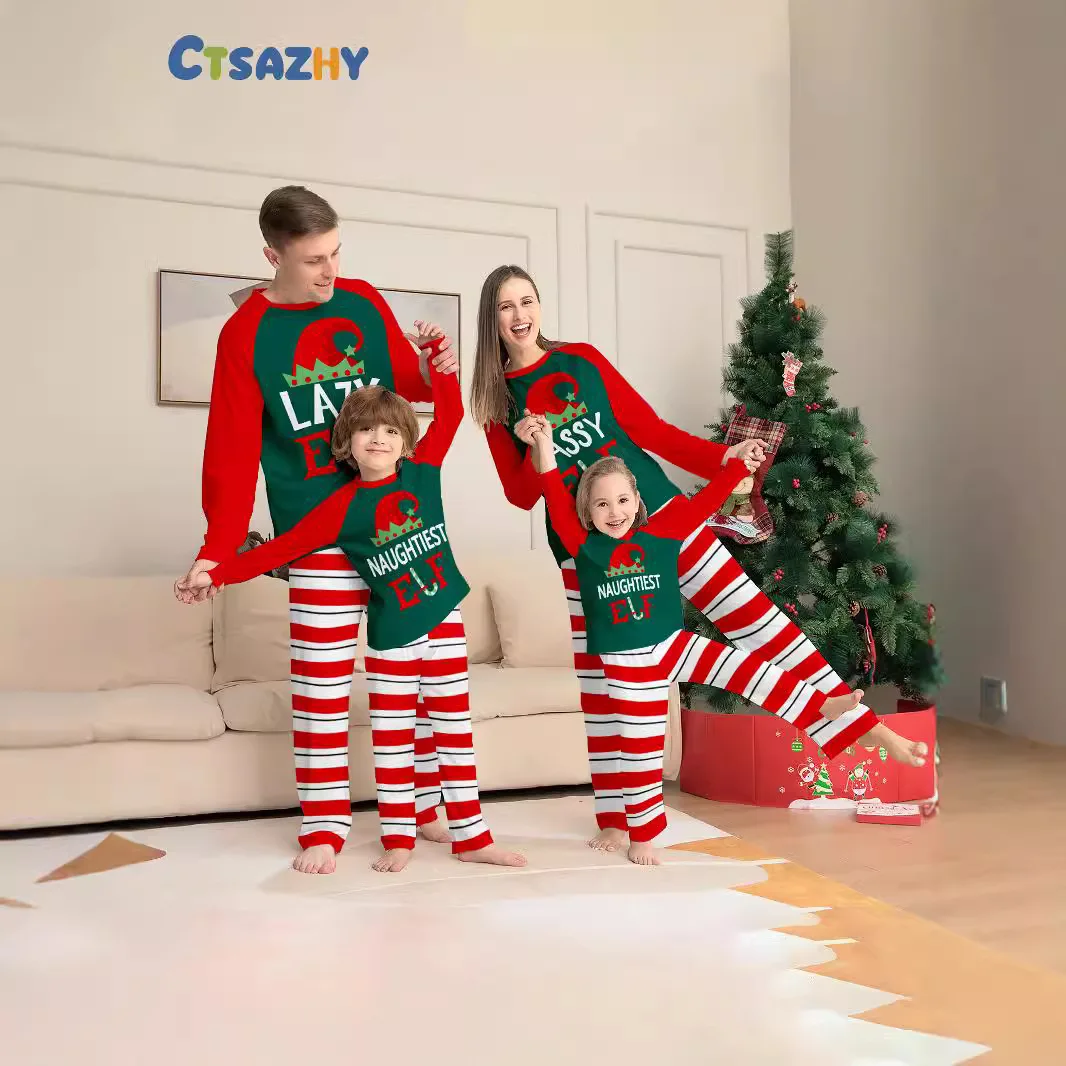 Christmas-themed printed parent-child outfits for European and American families, fashionable red striped patchwork pajamas