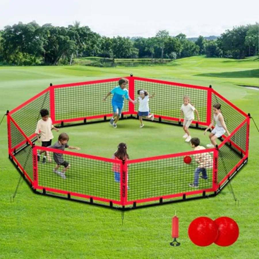 

Gaga Ball Pit for:Portable 15ft Court with Carry Bag, 2 Balls, Wind Ropes Ground Spikes Durable PVC, Blue/Orange, Easy Setup St