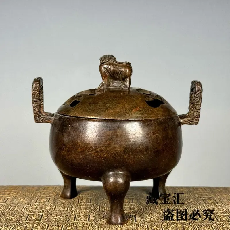 Folk Collection Old Item Yutang Qingwan Triple Foot Double Ear Pixie Censer Purple Copper Old Patina Copper Furnace Ornament