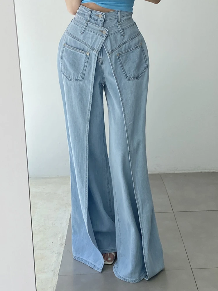 

Stylish Fake Two Piece Jeans Women Vintage High Waist Denim Pants Wide Leg Pocket Jeans Female 2024 Korean Fashion Trousers