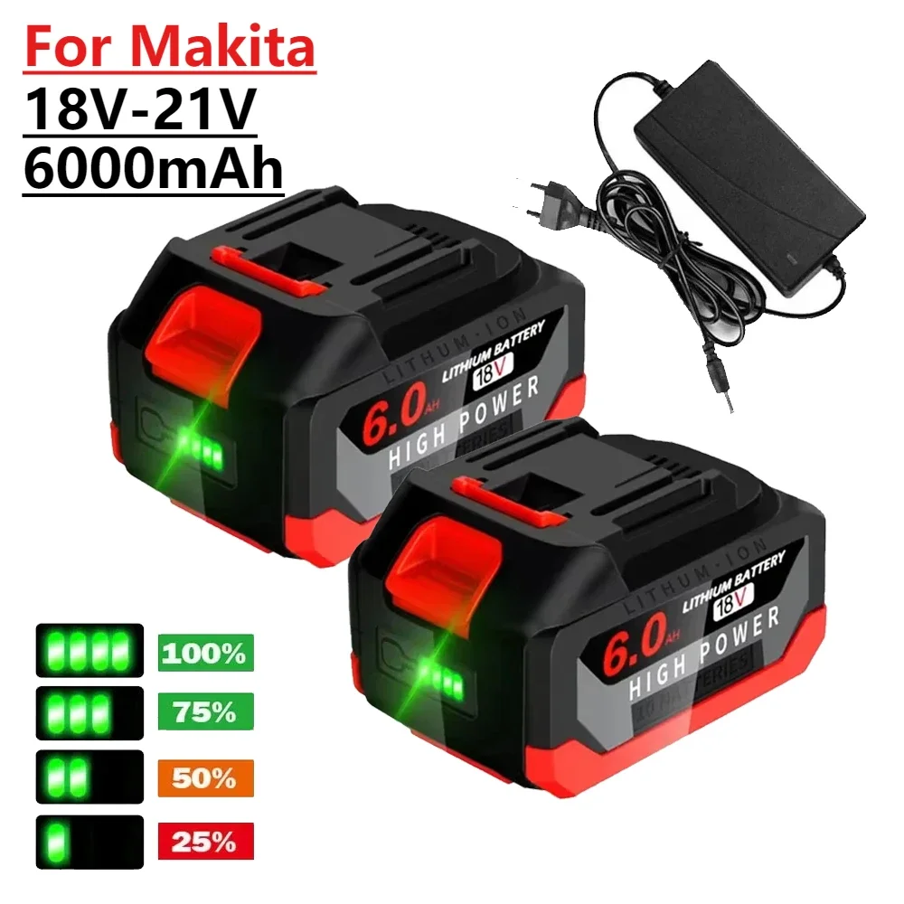 18V 6.0Ah Rechargeable Lithium Battery with Capacity Indicator for Makita 18V-21V Electric Wrench, Drill,Chainsaw Power Tools