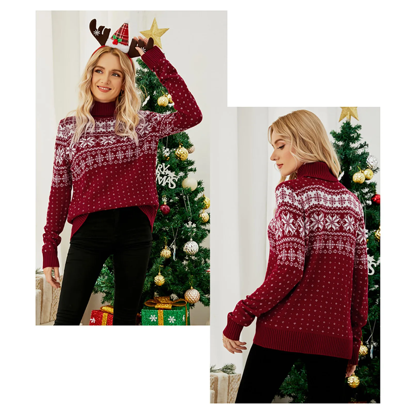 Women Autumn Winter Vintage Turtleneck Snowflake Christmas Knitted Sweater Female Casual Long Sleeve Thick Pullover Tops Jumpers