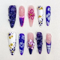 3D Long Special-shaped Purple Series Mandarin Duck Gold Embellishment Advanced Press on Nails Send Manicure Kit False Nails