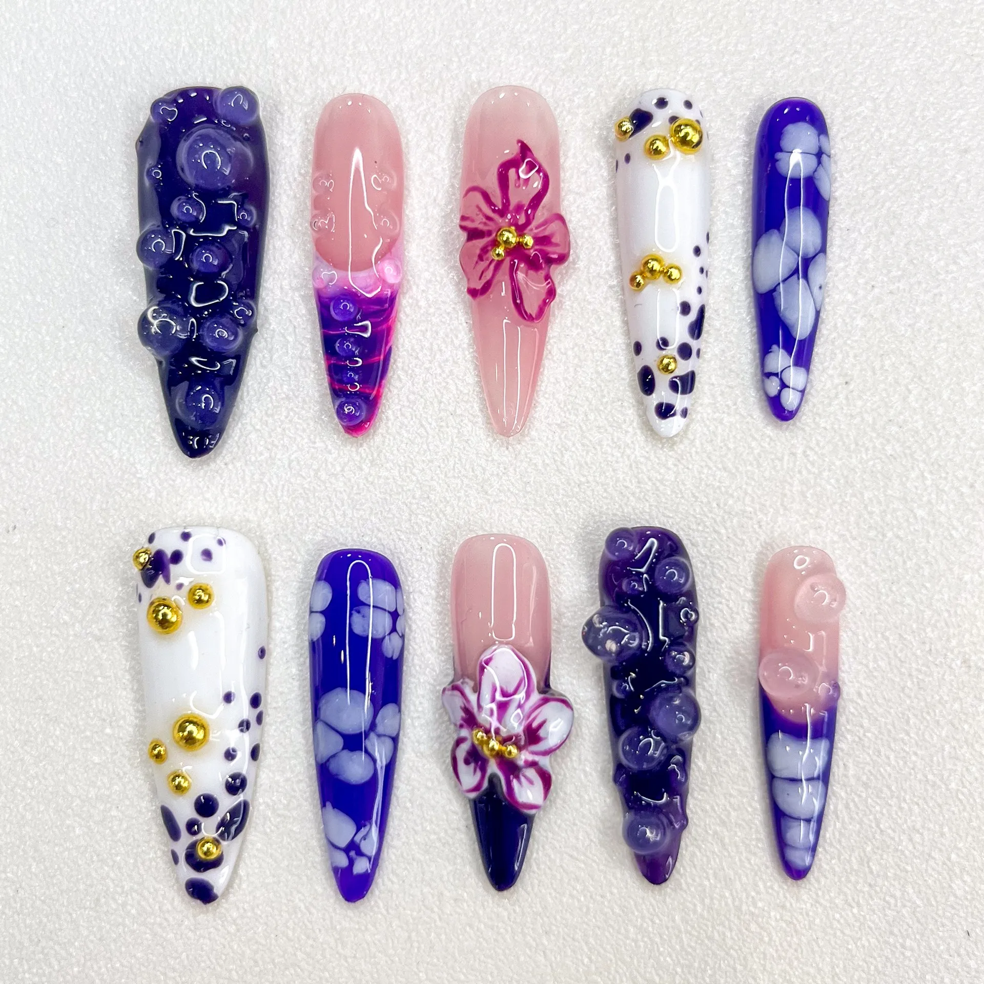 3D Long Special-shaped Purple Series Mandarin Duck Gold Embellishment Advanced Press on Nails Send Manicure Kit False Nails