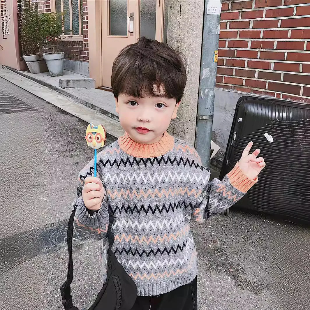 Autumn Winter Infant Baby Boy Sweater Cotton Wave Striped Long Sleeve Kid Boy Pullovers Round Collar Velvet Toddler Boy Knitwear