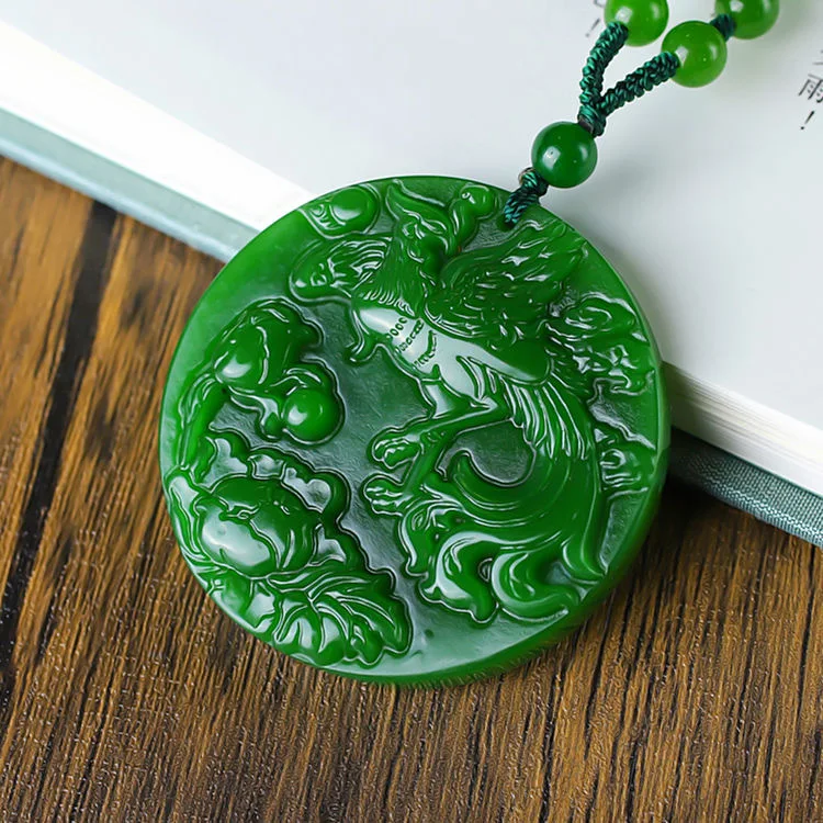 

Xinjiang Natural Hetian Jasper Cuiqing Phoenix Peony Ping An Brand Jade Pendant