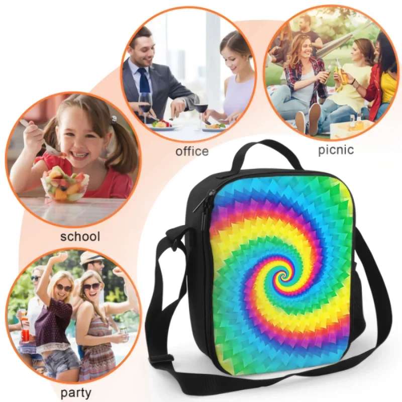 Fiambrera colorida y energética con remolino abstracto, bolsa de comida aislada, bolsa de almuerzo con pintura de tinte, contenedor de alimentos para la escuela, Picnic de viaje